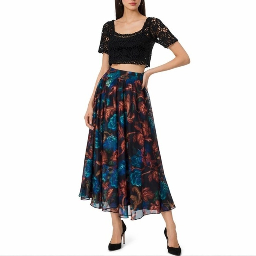 Parker Dark Floral Whimsigoth Maxi‎ Skirt XL Teal Cottagecore A-line Pockets NWT